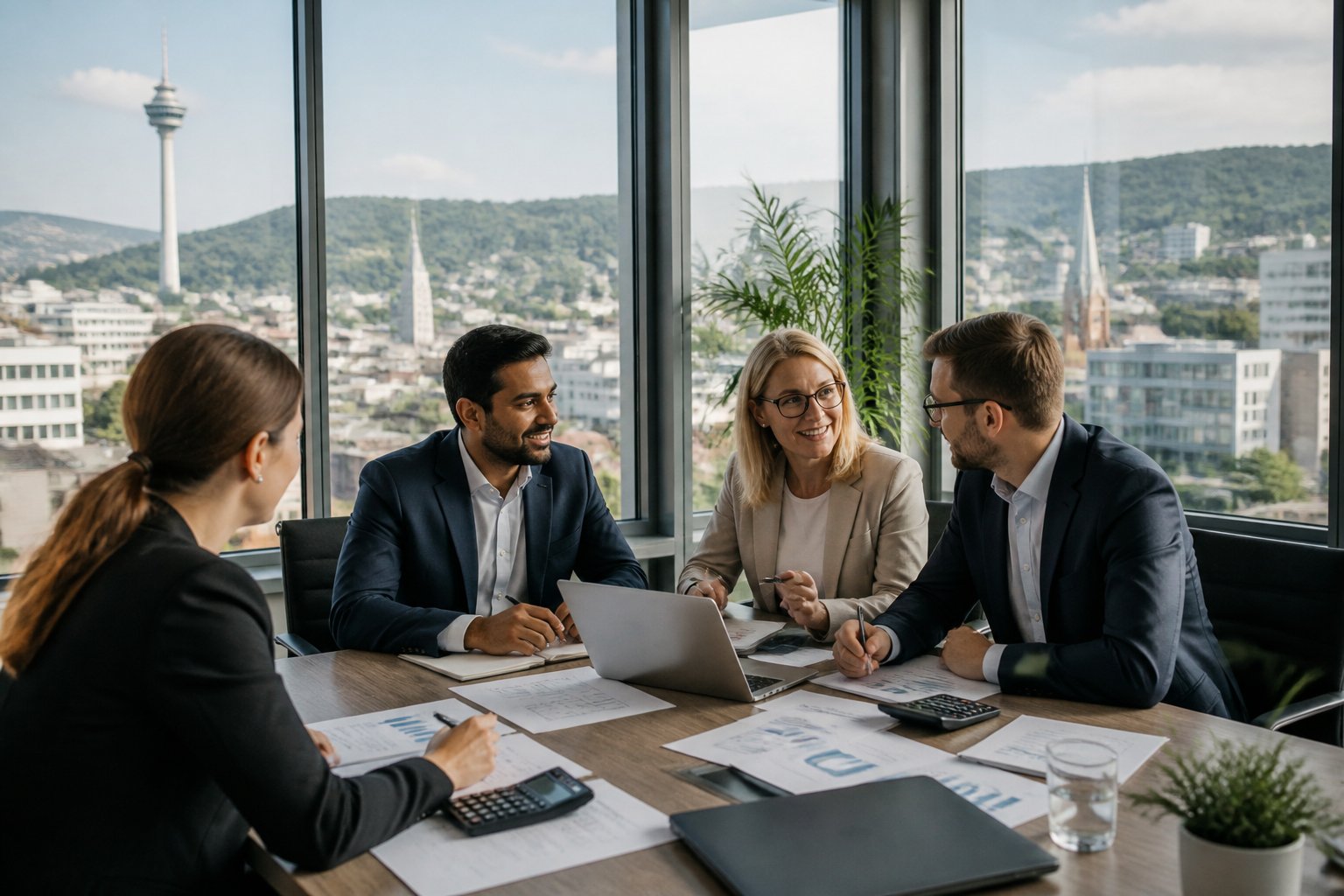 Mehrere Steuerberater arbeiten gemeinsam an einem Konferenztisch in einem modernen B&uuml;ro mit Blick auf die Stadt Stuttgart.