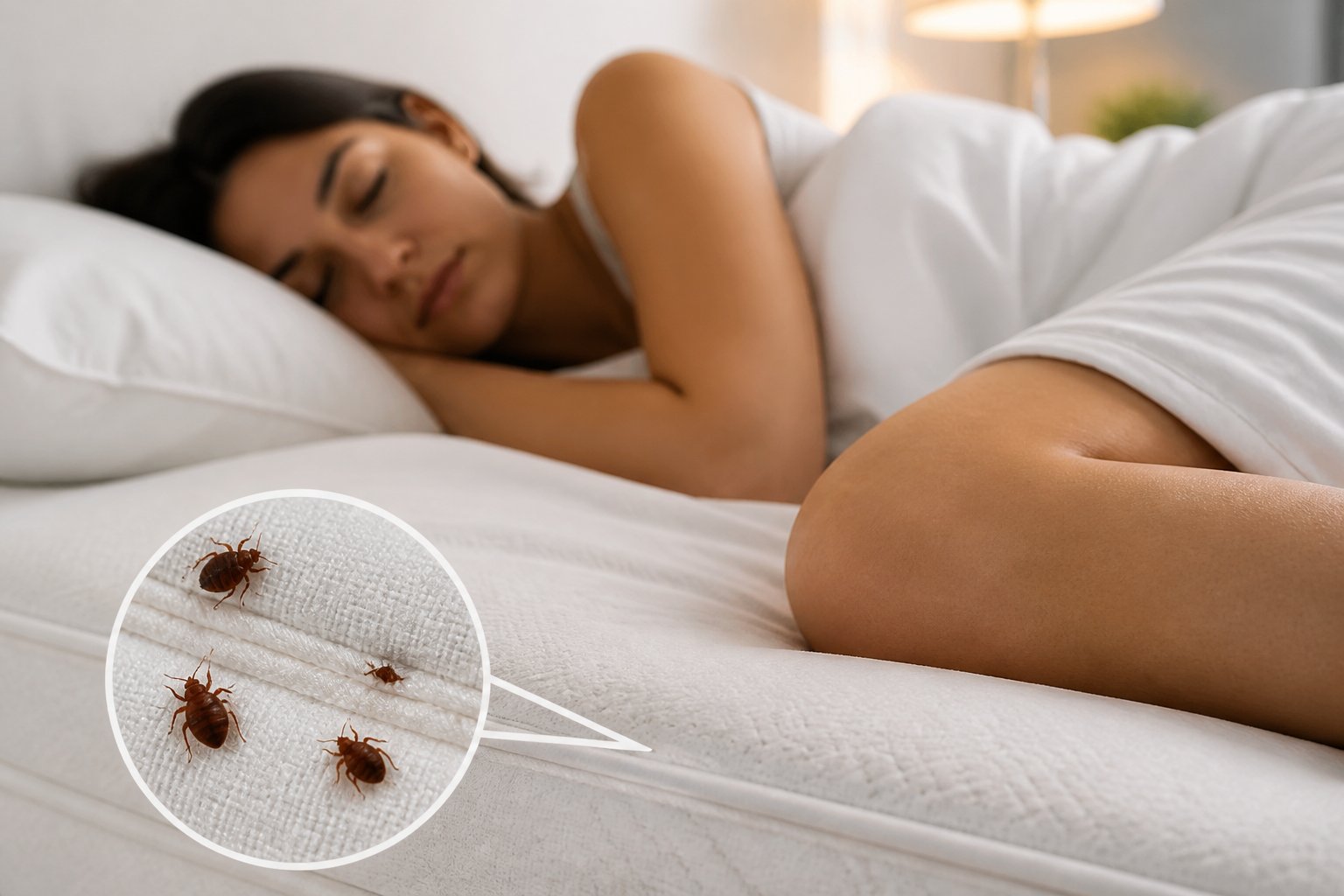 Close-up of bed bugs on a mattress near a sleeping person's exposed arm in a bedroom.