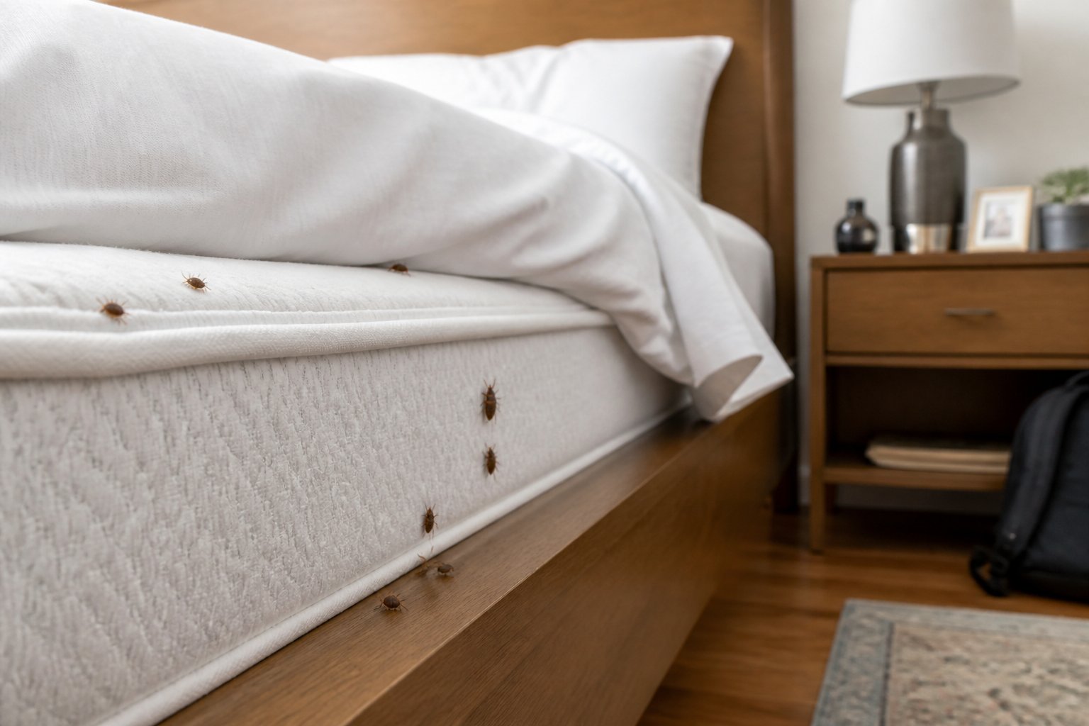 Close-up of bed bugs crawling on a mattress seam in a clean bedroom with a bed and bedside table.