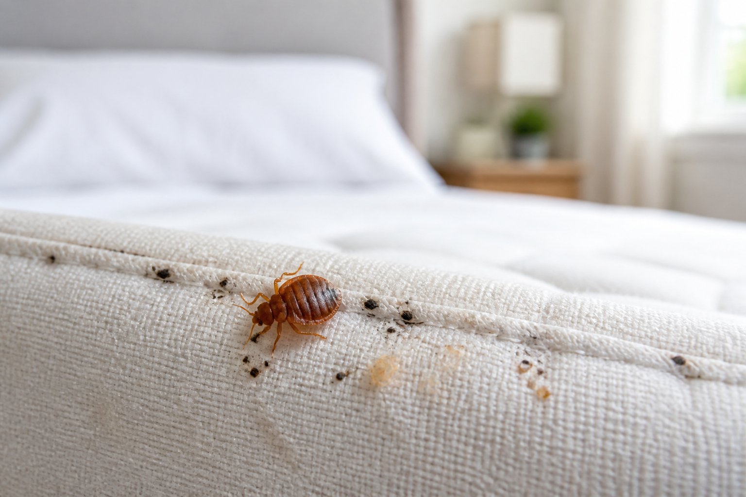 Close-up of a bed bug on a mattress seam with subtle signs of infestation in a bedroom.