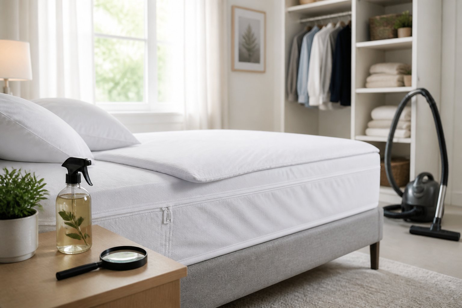 A clean bedroom with a neatly made bed, mattress cover, magnifying glass, and insect repellent spray on a bedside table.