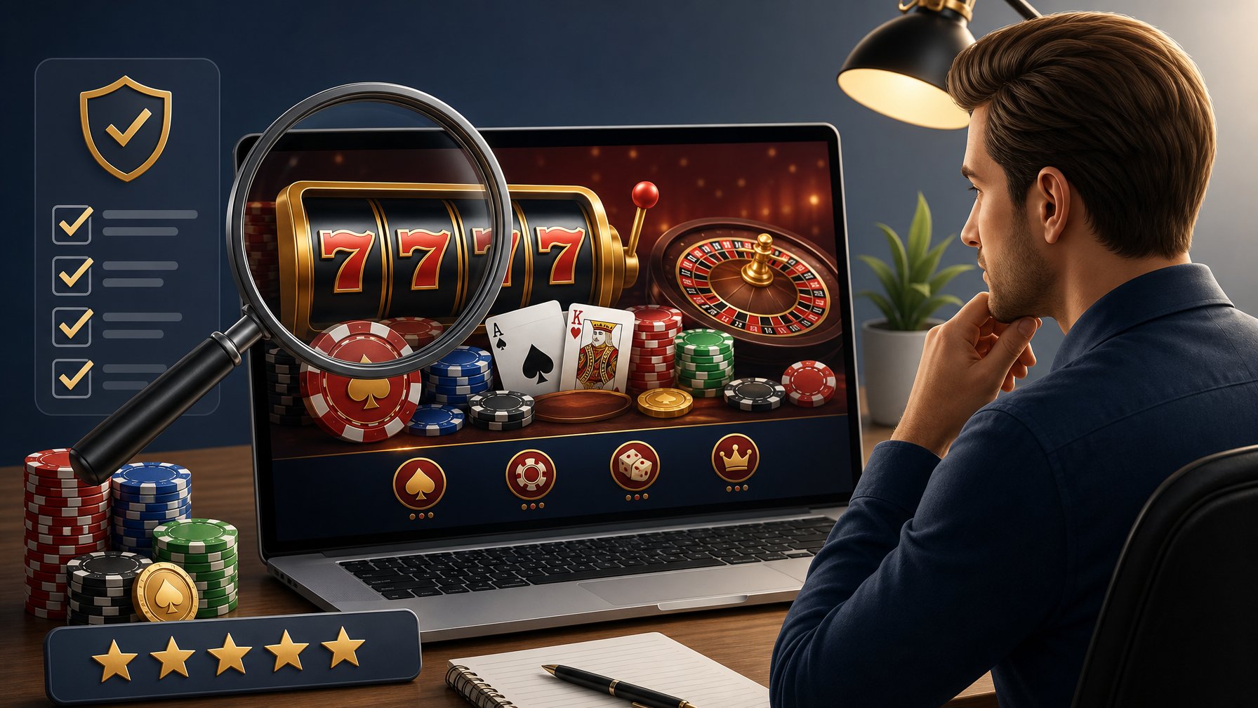 A Person Analyzing An Online Casino Interface On A Computer Screen With Slot Machines, Poker Chips, And Playing Cards Visible.