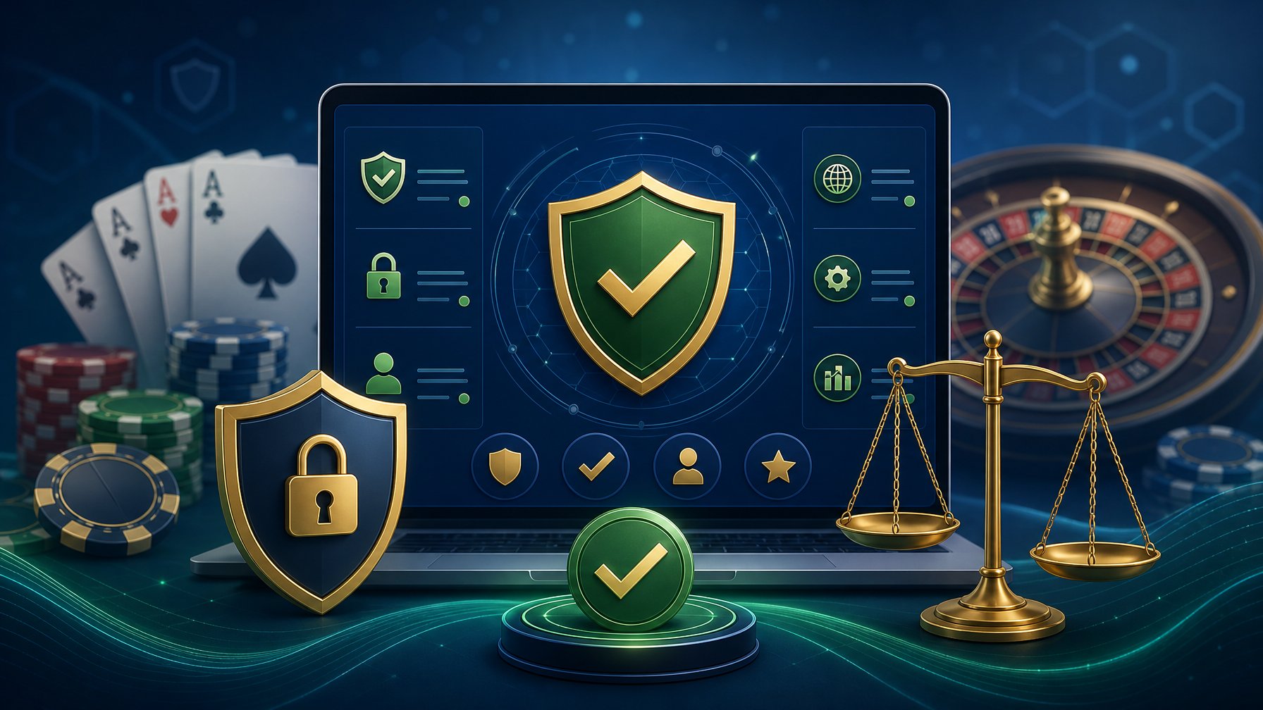 A Digital Interface With Symbols Of Security, Fairness, And Licensing Elements Like Cards And Chips, Representing Licensing And Safe Play.