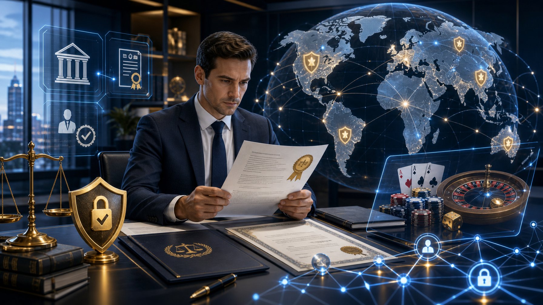 A Businessperson Reviewing Official Documents With Digital Market Network Symbols And A Transparent Globe Showing International Regions In The Background.