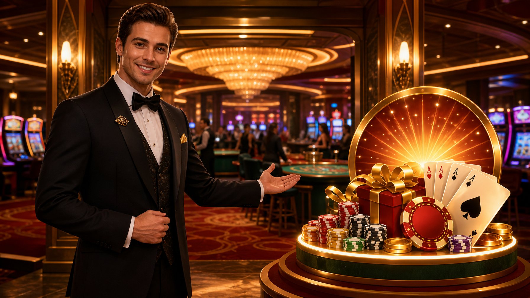 A Welcoming Casino Entrance With A Friendly Host Presenting Casino Chips And Playing Cards Surrounded By Gaming Tables And Slot Machines.