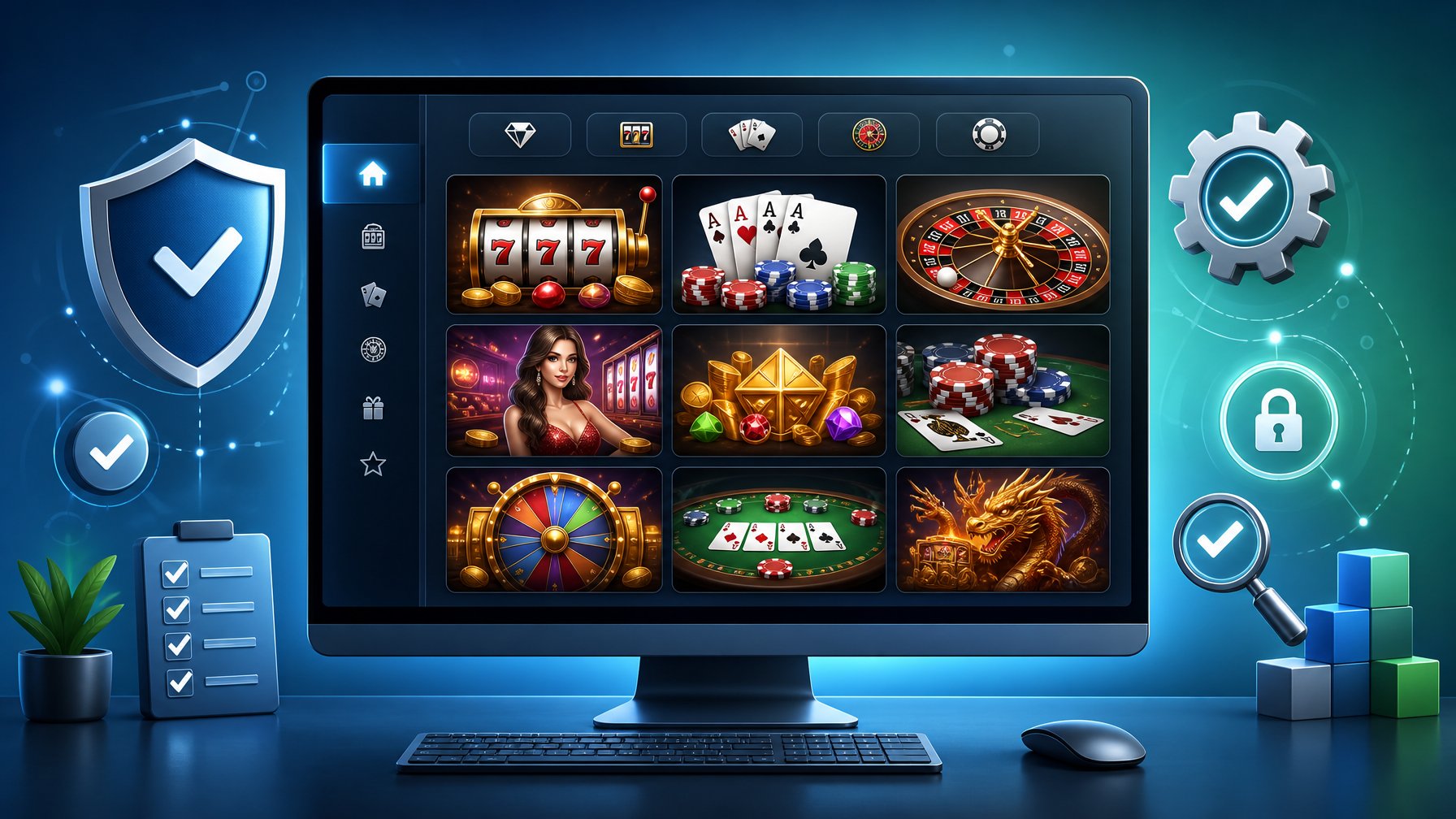 A Computer Screen Displaying A Digital Game Library With Casino Game Icons, Surrounded By Symbols Representing Software Quality And Security.