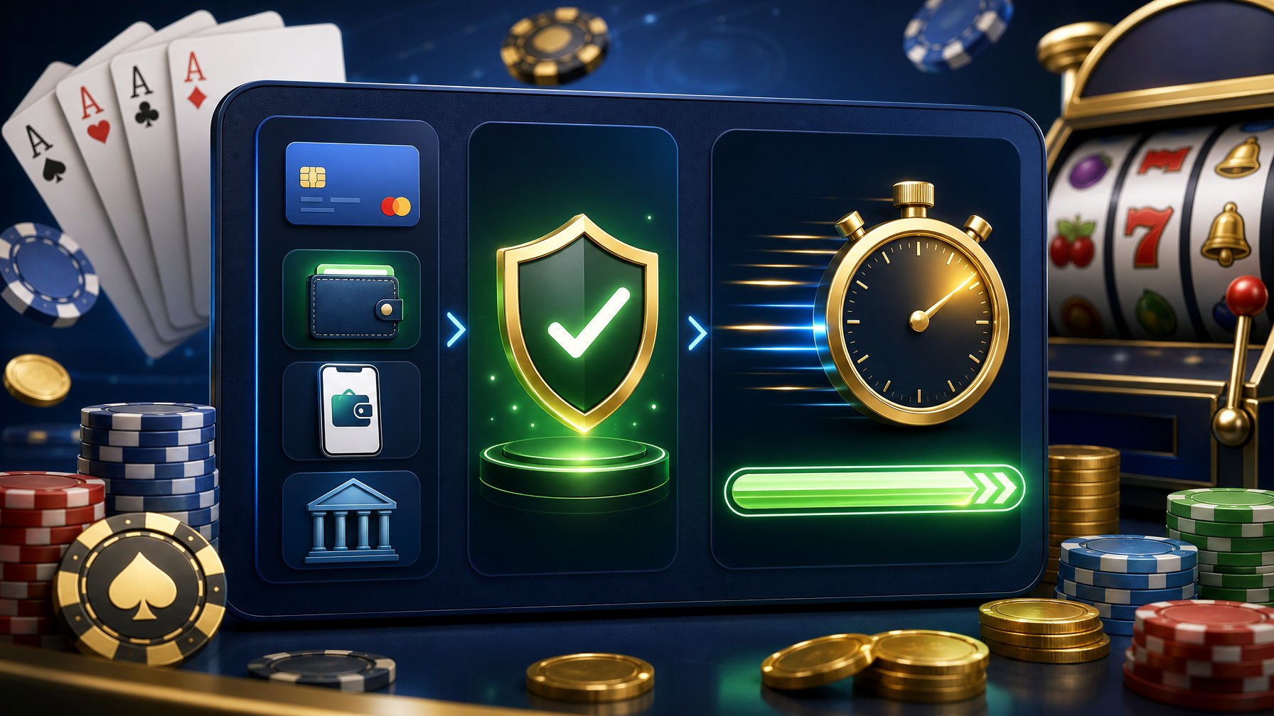 A Digital Dashboard Showing Secure Payment Icons, A Verification Shield With A Checkmark, And A Fast Progress Bar, With Casino Elements Like Poker Chips And Playing Cards In The Background.