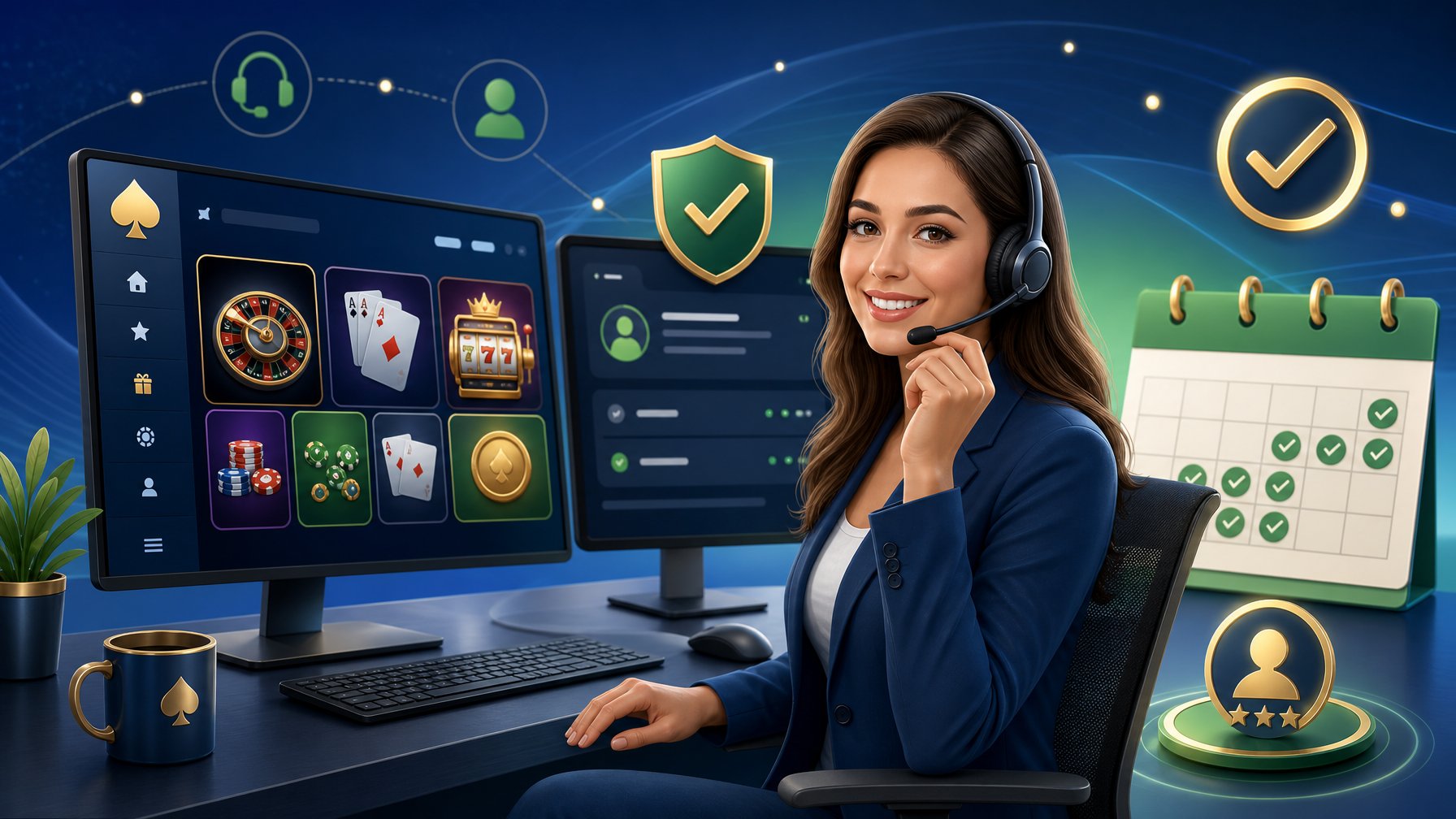 A Customer Support Agent At A Desk With Computer Screens Showing Casino Game Icons And UserFriendly Interfaces, Surrounded By Symbols Representing Smooth Usability And Daily Activity.