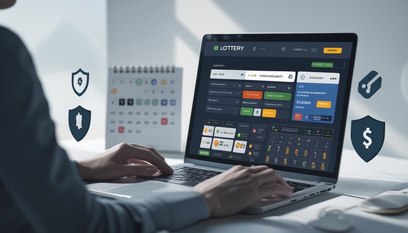 Seseorang menggunakan laptop di meja kerja modern dengan tampilan antarmuka situs togel online dan ikon keamanan di sekitar.