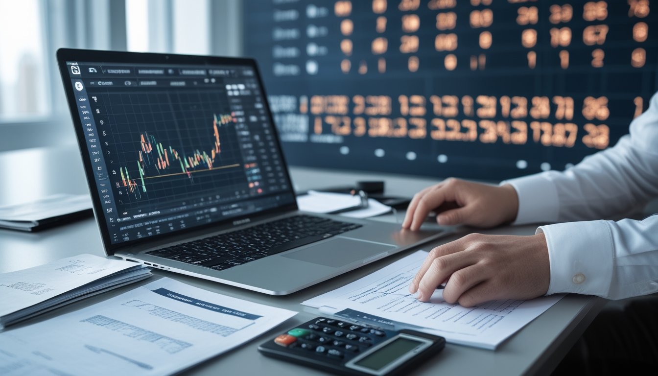 Meja kerja dengan laptop yang menampilkan grafik dan data angka, dokumen dan kalkulator di sekitarnya, menunjukkan analisis strategi investasi angka untuk taruhan togel.