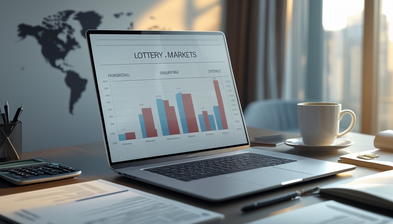 Meja kerja modern dengan laptop, dokumen, dan peralatan analisis yang menunjukkan suasana pengamatan pasar togel Hongkong, Singapura, dan Sydney.