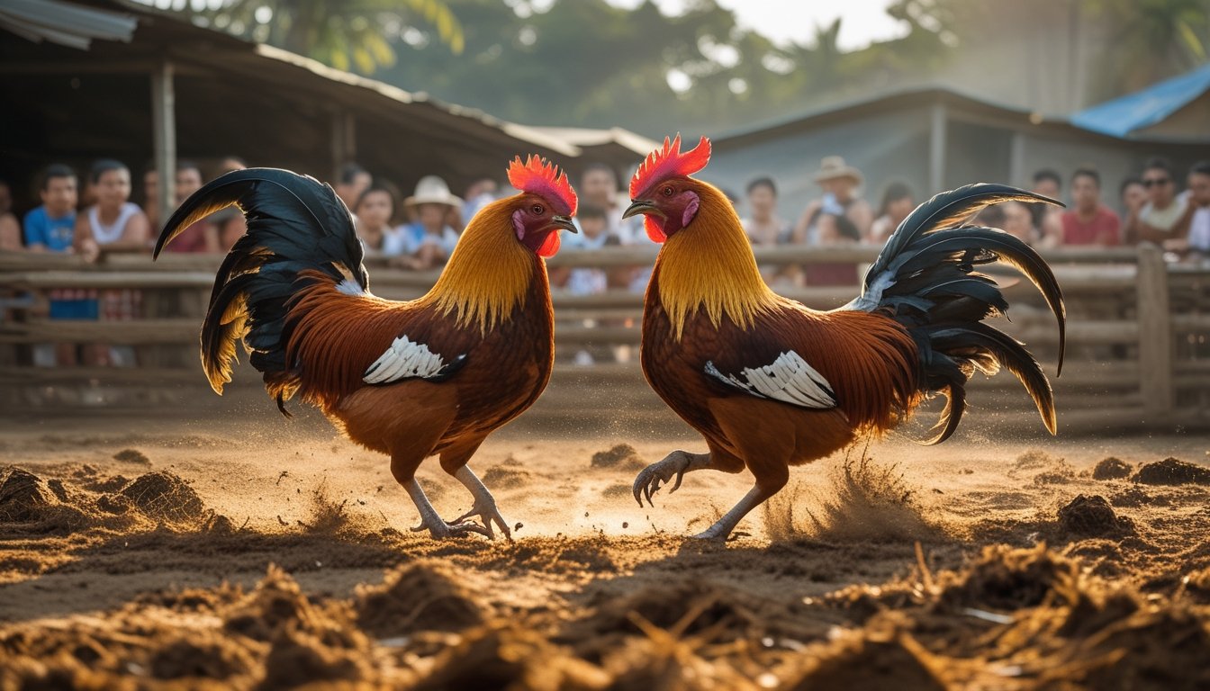 Dua ayam Pisau Filipina sedang bertarung di arena sabung ayam dengan penonton di latar belakang.