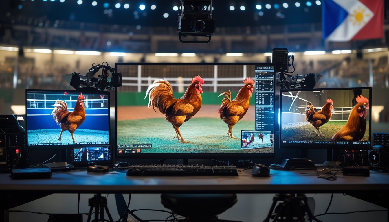 Sebuah studio streaming modern dengan beberapa monitor menampilkan pertandingan sabung ayam secara langsung dari arena di Filipina.