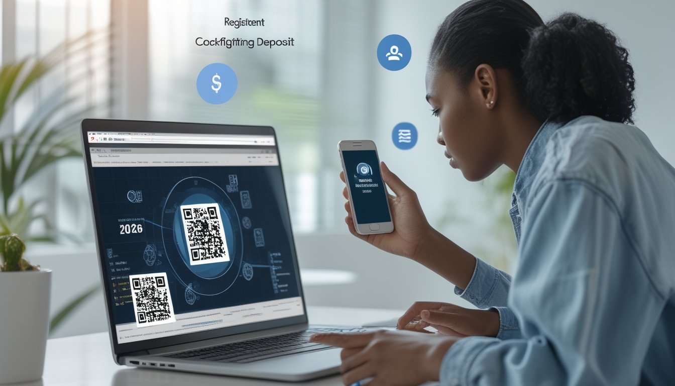 Seseorang menggunakan ponsel di depan laptop untuk melakukan proses deposit dengan QRIS secara instan.