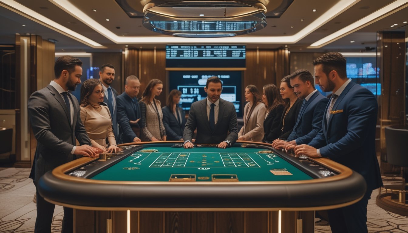 Suasana kasino langsung yang mewah dengan meja baccarat dan pemain serta dealer yang sedang bermain.