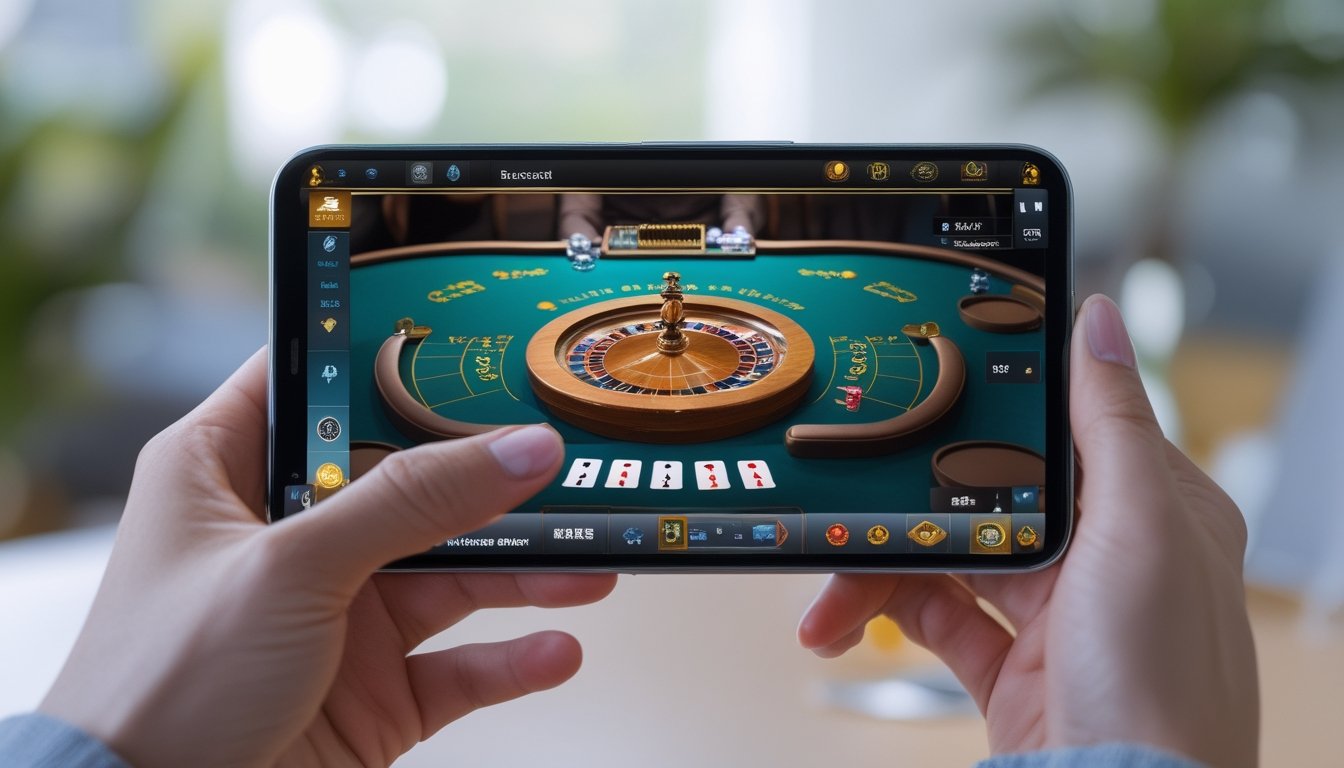 Seseorang memegang ponsel yang menampilkan permainan baccarat secara langsung dengan gambar jernih di layar.