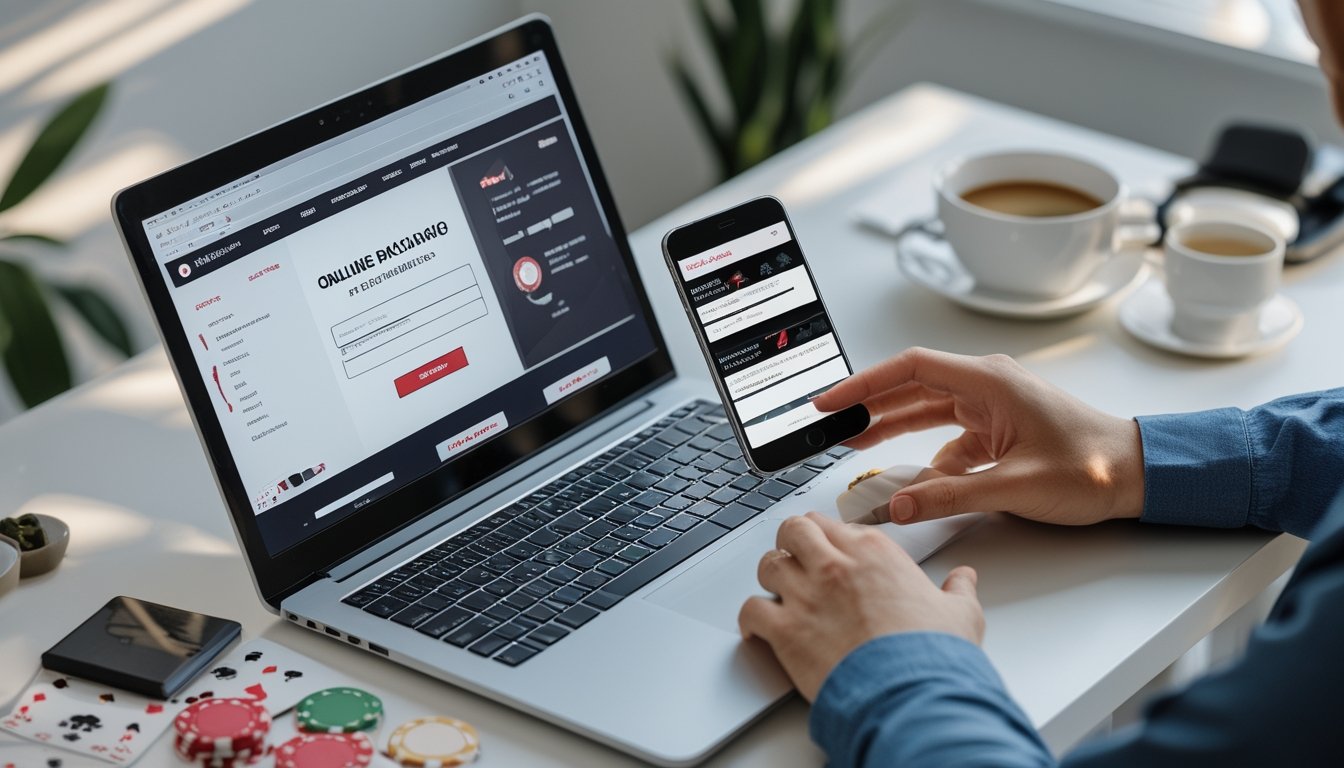Meja kerja modern dengan laptop dan ponsel yang digunakan untuk mendaftar akun baccarat online premium.