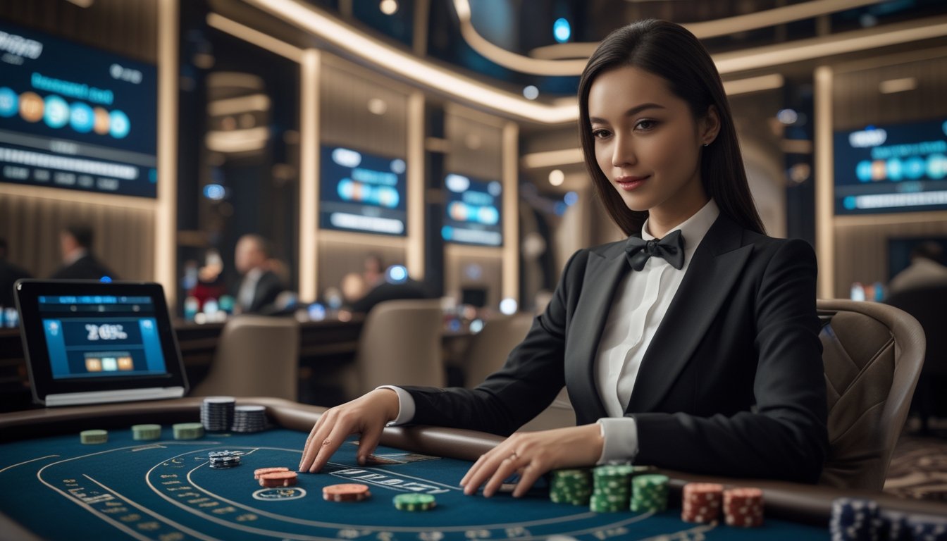 Seorang dealer profesional duduk di meja bakarat dengan kartu dan chip, di latar belakang layar digital menampilkan permainan bakarat secara langsung.