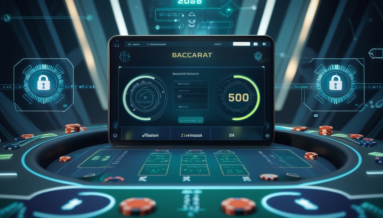 antarmuka permainan baccarat online futuristik dengan simbol keamanan data dan latar belakang teknologi tinggi.