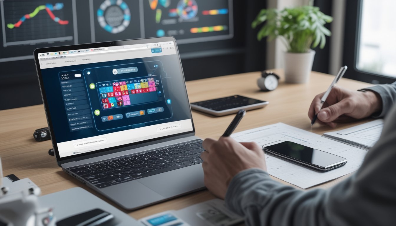 Seseorang duduk di meja kerja dengan laptop yang menampilkan permainan Sicbo online, sambil mencatat strategi dan mengelola modal permainan.