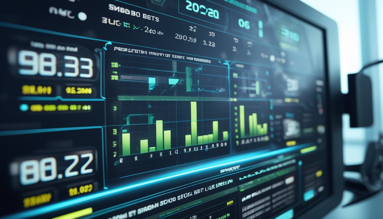 Papan skor digital modern dengan pola statistik dan data prediksi taruhan besar kecil pada permainan Sicbo online.