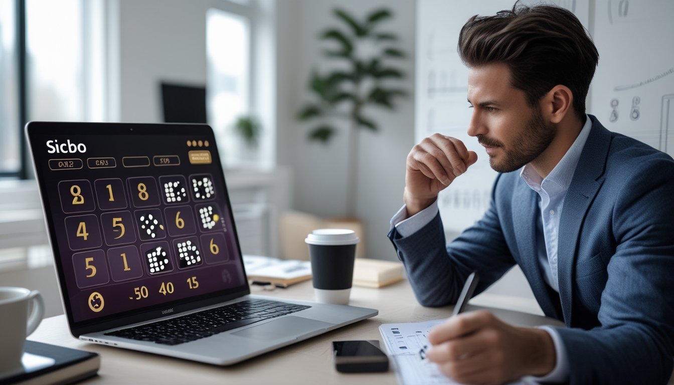 Seorang pria sedang bermain permainan Sicbo online di laptop dengan suasana ruang kerja yang rapi dan alat tulis di meja.