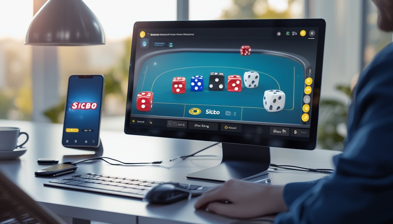 Seorang pengguna sedang memainkan permainan Sicbo online dengan tampilan layar komputer yang menampilkan dadu dan meja permainan digital dalam suasana ruang kerja yang rapi.