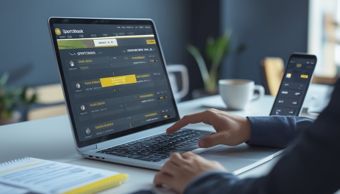Seseorang menggunakan laptop di meja kerja dengan tampilan layar yang menunjukkan pilihan tim olahraga untuk taruhan mix parlay online, dengan beberapa perangkat dan catatan di sekitar.
