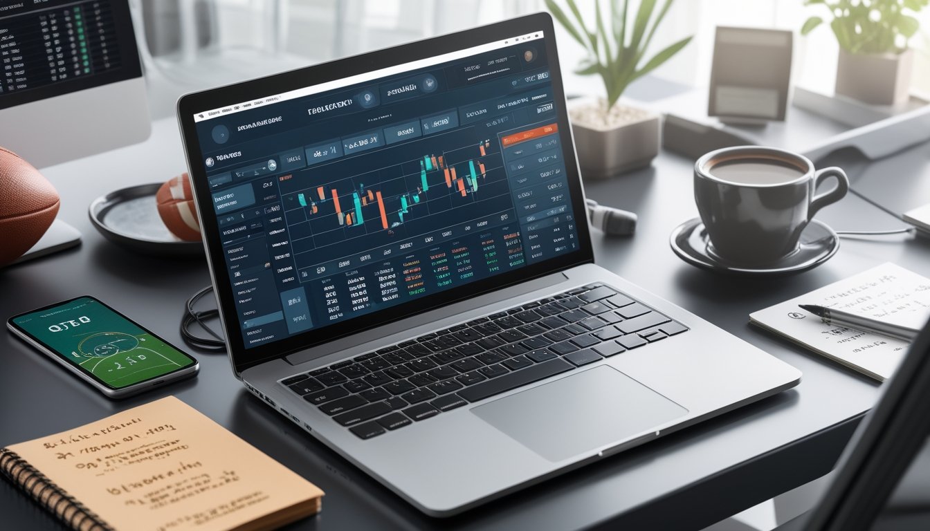 Seorang pengguna duduk di depan laptop dengan layar yang menampilkan taruhan bola Asian Handicap, dikelilingi oleh ponsel, catatan, dan bola sepak di meja.