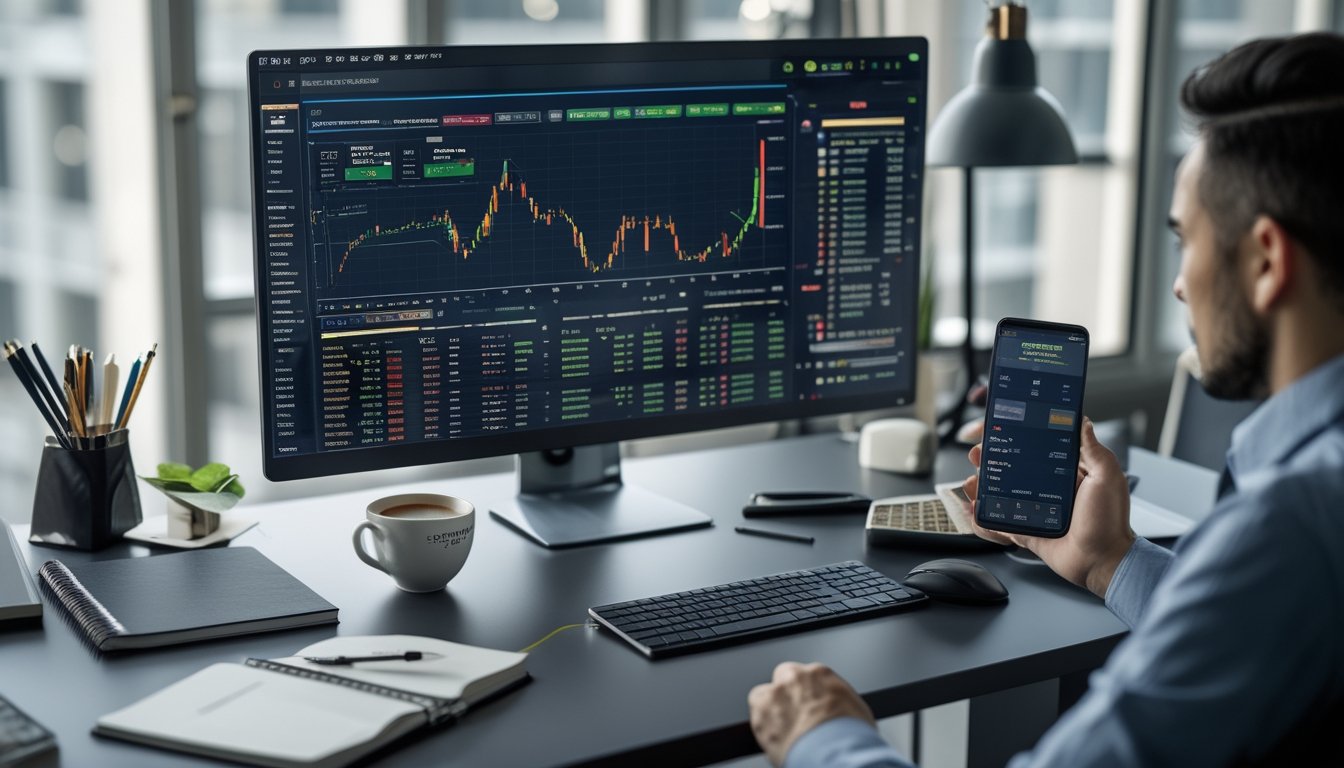 Meja kerja dengan komputer menampilkan grafik dan data taruhan bola online, dilengkapi alat tulis dan ponsel dengan aplikasi taruhan Sbobet, suasana fokus dan profesional.