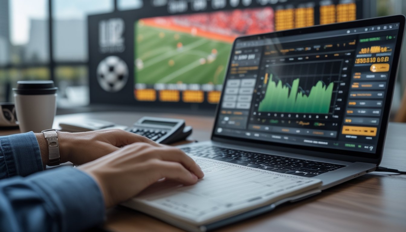 Seorang individu menghitung peluang taruhan sepak bola dengan laptop dan kalkulator di meja kerja yang terang.