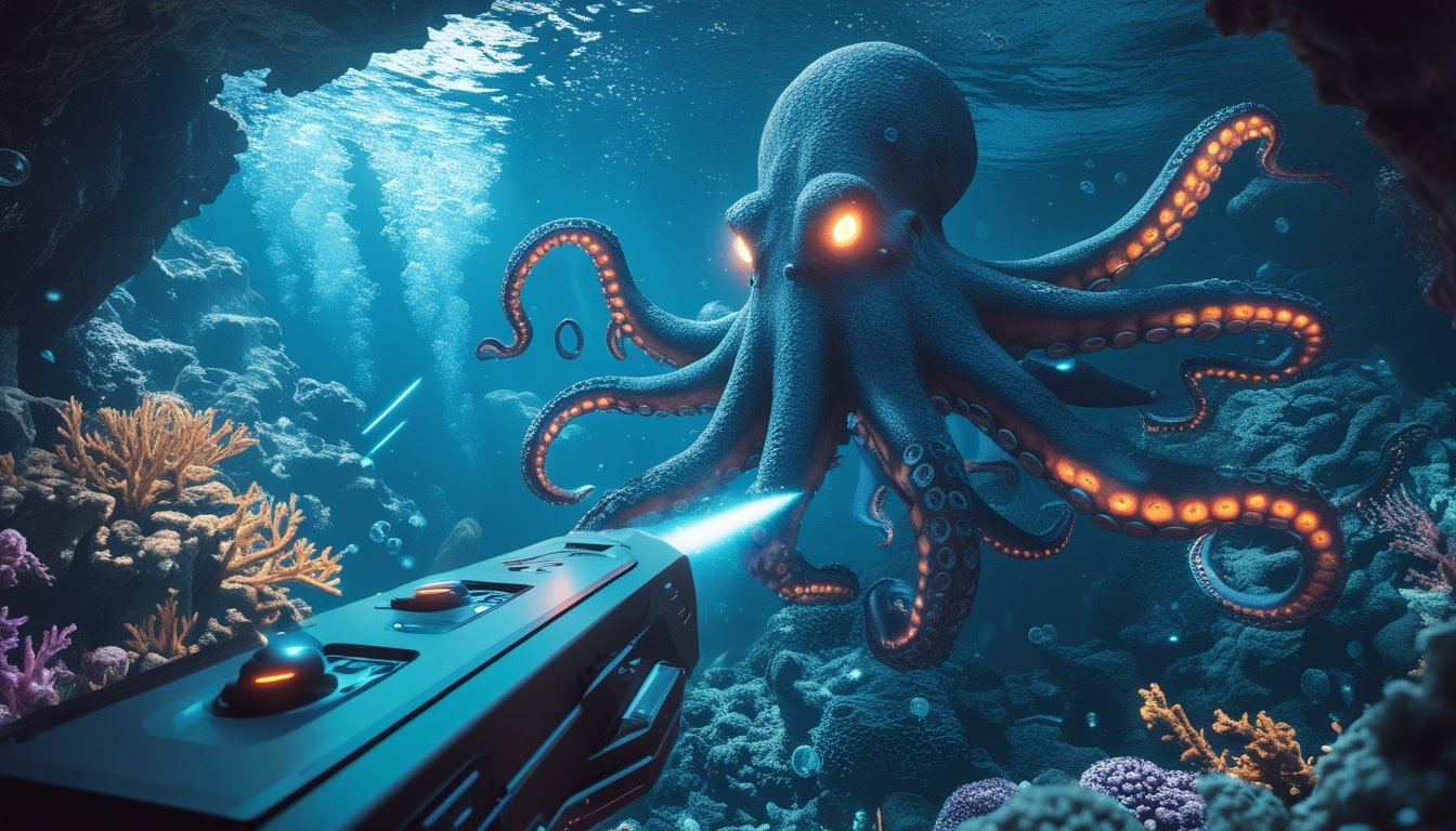 Adegan bawah laut dengan monster gurita raksasa yang sedang diserang oleh tembakan energi dari alat futuristik.