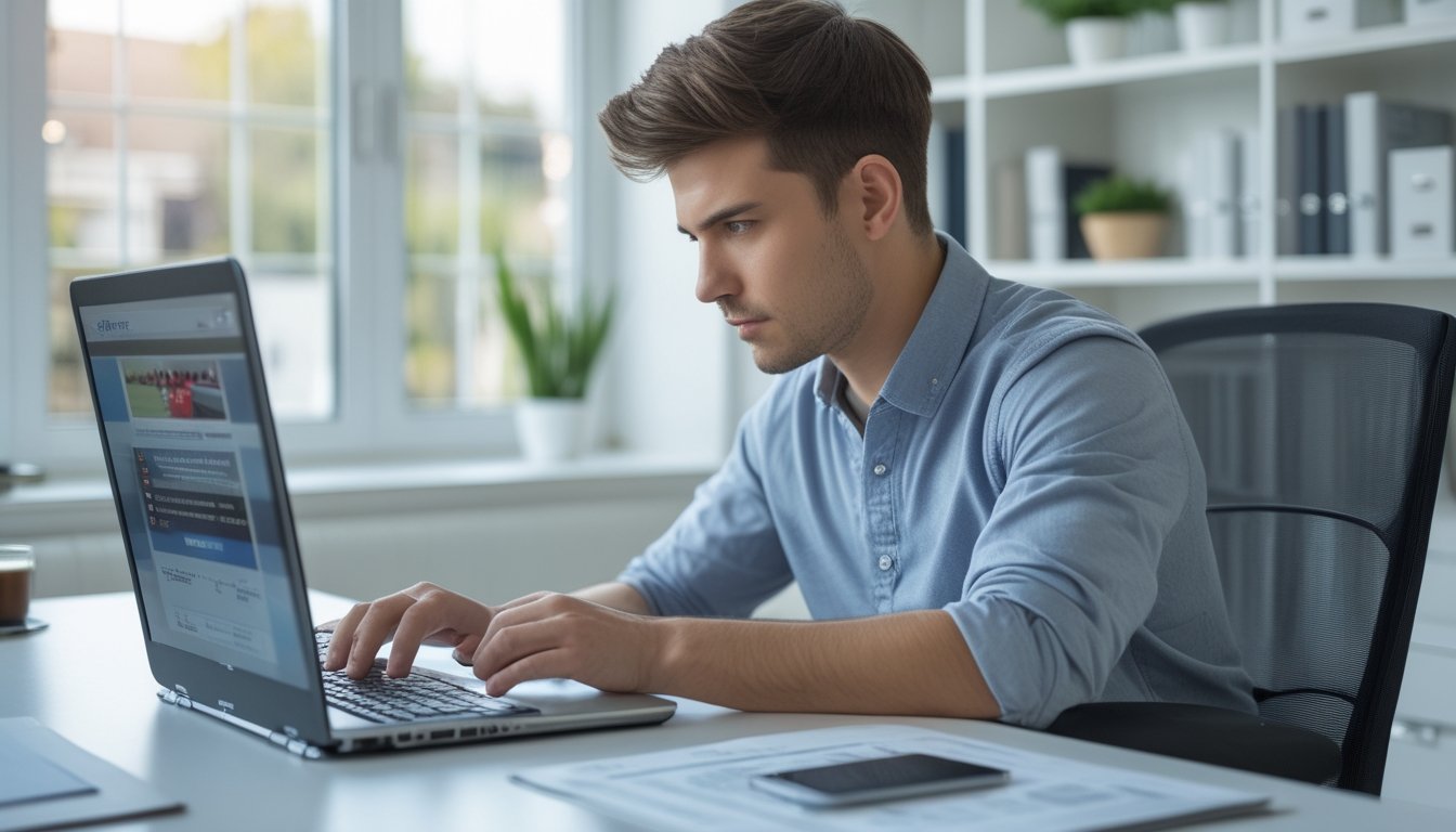 Seorang pria muda duduk di meja dengan laptop, memeriksa situs web dengan fokus di ruang kerja rumah yang terang dan rapi.