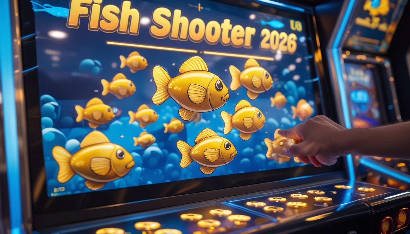 Seorang pemain sedang bermain game arcade menembak ikan dengan ikan emas dan angka pengganda di layar game.