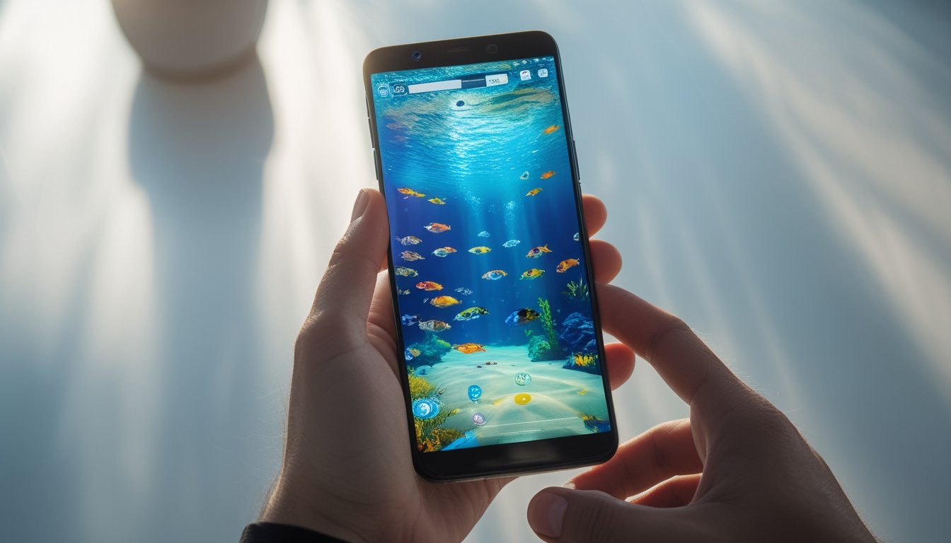Seseorang memegang ponsel Android yang menampilkan permainan ikan berwarna-warni di layar dengan latar belakang kabur.