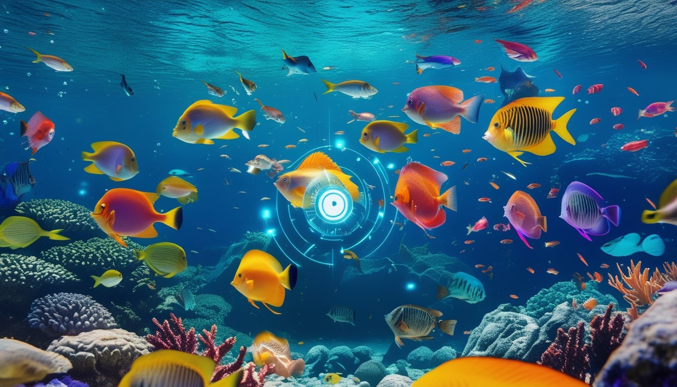 Pemandangan bawah laut dengan ikan tropis berwarna-warni berenang di antara terumbu karang yang jernih dan cerah.