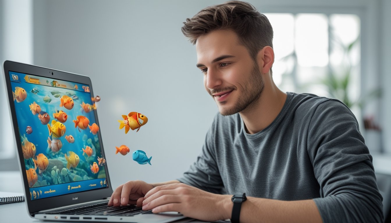 Seorang pria muda sedang bermain permainan tembak ikan di laptop di meja yang rapi dengan cahaya alami.