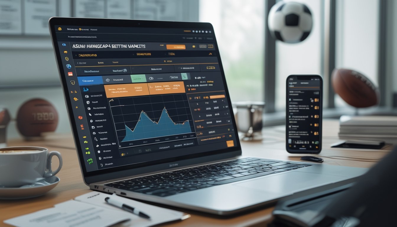 Meja kerja dengan laptop yang menampilkan antarmuka taruhan bola Asian Handicap, ponsel dengan pembaruan pertandingan sepak bola, dan cangkir kopi di kantor yang terang.
