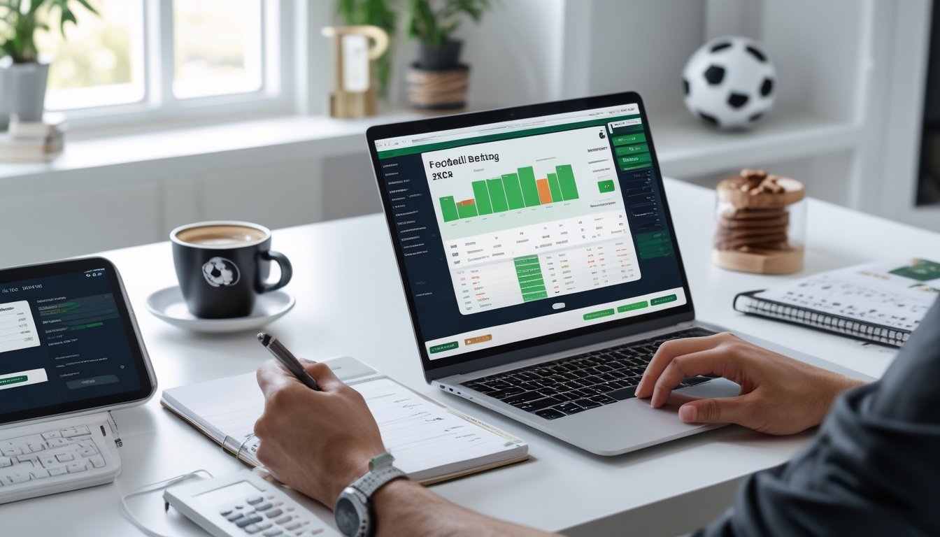 Meja kerja dengan laptop menampilkan situs taruhan sepak bola, tangan seseorang menggunakan kalkulator dan mencatat, dengan ponsel dan cangkir kopi di sekitar meja.
