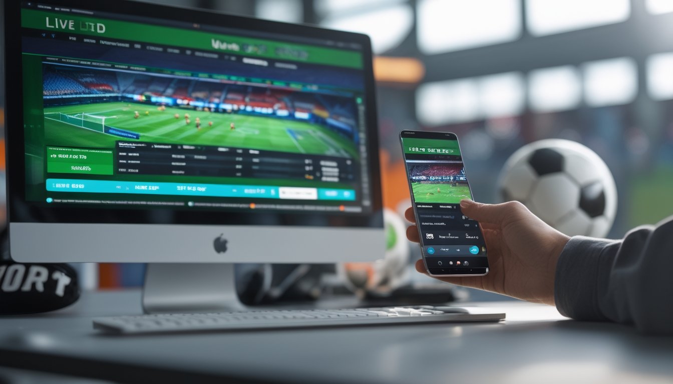 Seseorang menggunakan komputer dan ponsel untuk menonton siaran langsung pertandingan sepak bola dan memasang taruhan secara online.
