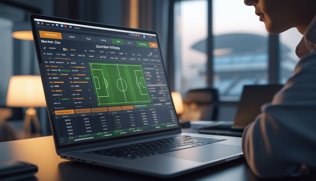 Seseorang sedang melihat layar laptop dengan data taruhan olahraga sepak bola Liga Top Eropa di sebuah ruang kerja modern.