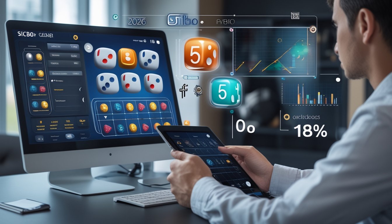 Seseorang sedang menggunakan tablet sambil melihat layar komputer dengan permainan Sicbo online dan grafik strategi di latar belakang.