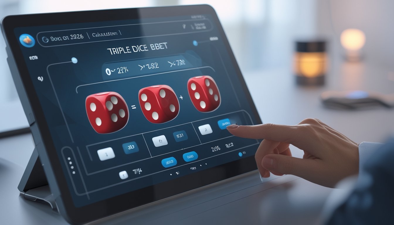 Seseorang menggunakan perangkat digital untuk bermain Sicbo online dengan tiga dadu merah yang menunjukkan angka sama pada layar.