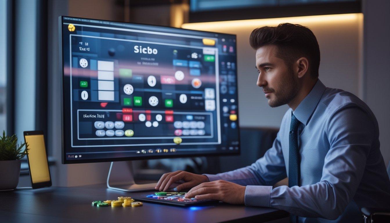 Seorang pria sedang mengelola taruhan di meja Sicbo online dengan tampilan komputer modern.
