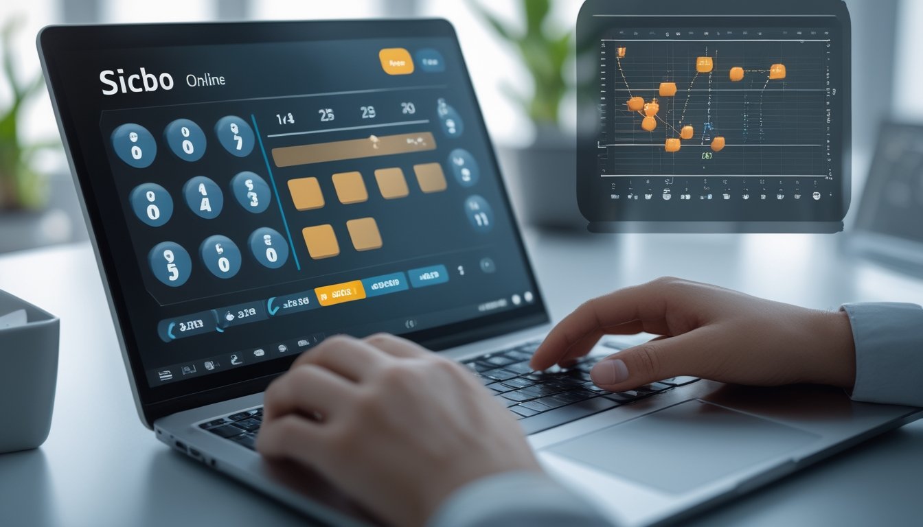 Seseorang menggunakan laptop dengan tampilan permainan Sicbo online yang menunjukkan nilai total dadu antara 9 hingga 12 dan grafik peluang taruhan.