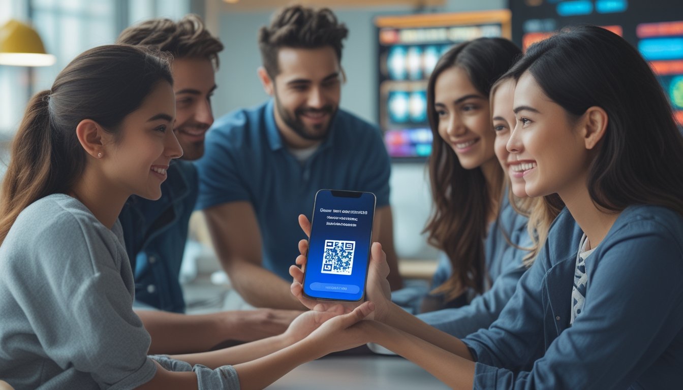 Sekelompok orang muda sedang menggunakan ponsel untuk pembayaran QR code di lingkungan kantor atau kafe yang terang.