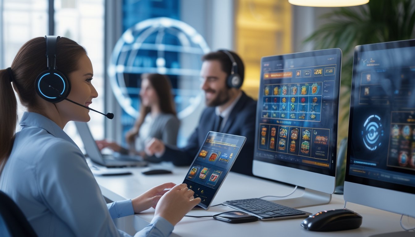 Orang-orang menggunakan perangkat digital untuk bermain permainan slot online dengan seorang petugas layanan pelanggan yang ramah di ruang modern.