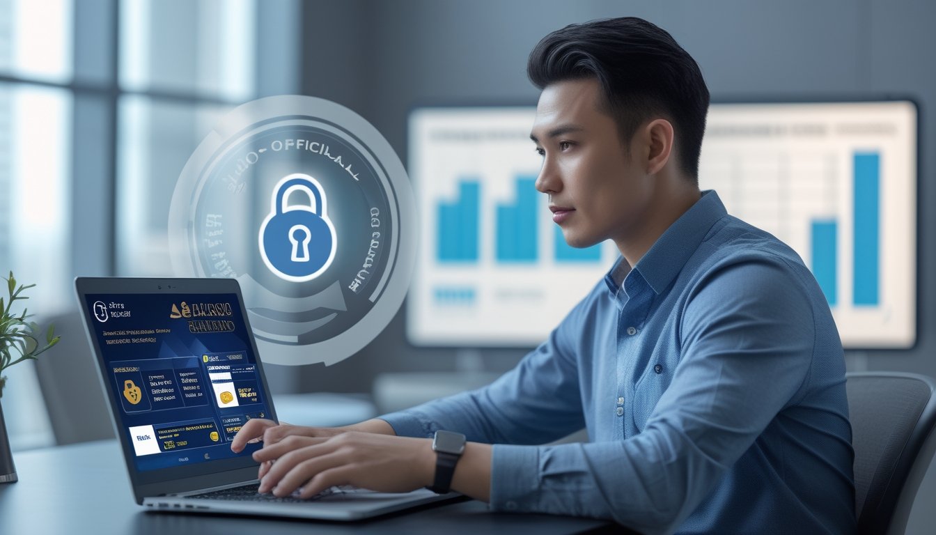 Seorang pria muda duduk di meja modern sambil melihat layar laptop yang menampilkan situs judi online yang aman dan berlisensi resmi.