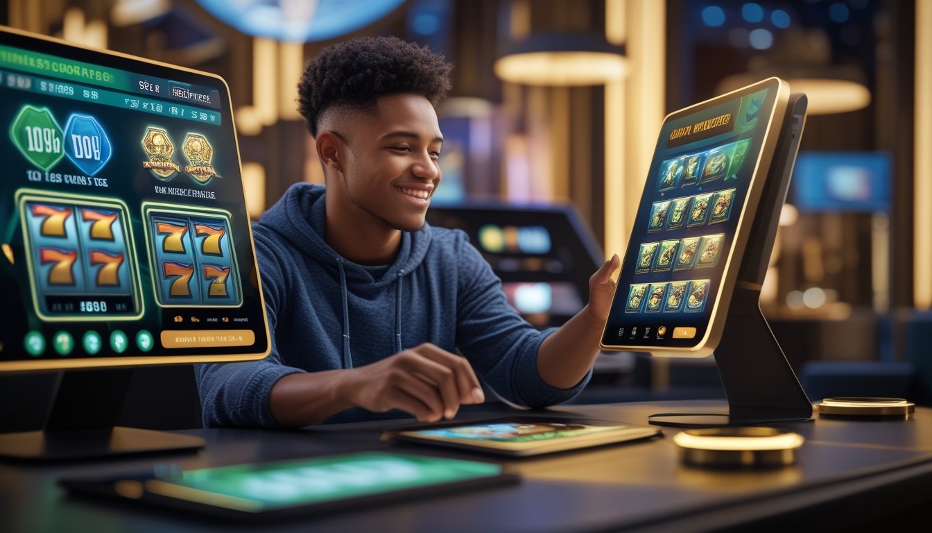 Seorang dewasa muda duduk di meja dengan perangkat digital menampilkan permainan slot, terlihat percaya diri dan tersenyum di lingkungan lounge permainan yang modern.
