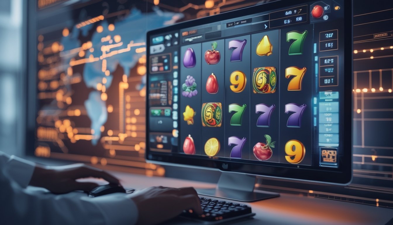 Tampilan layar komputer dengan permainan slot online yang berwarna-warni, seseorang sedang berinteraksi dengan perangkat di meja kerja yang modern.